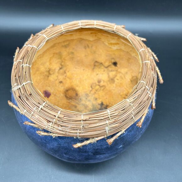 Gourd Bowl Metalic Blue Pine Needles Rim (Ajml) - Picture 2 of 3